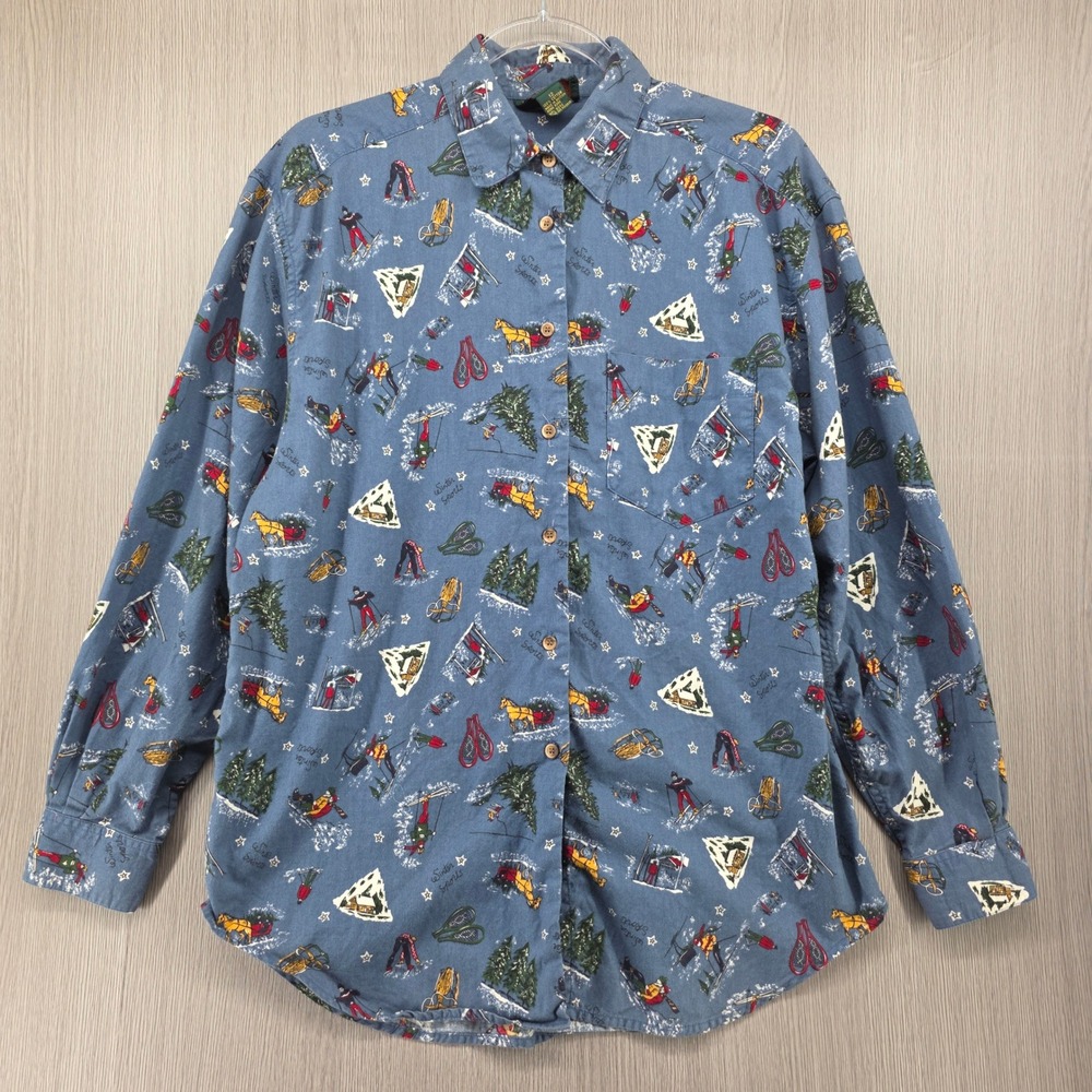 Charter Club Classic Top Womens Size 12 Vintage Long Sleeve Button Winter Sports